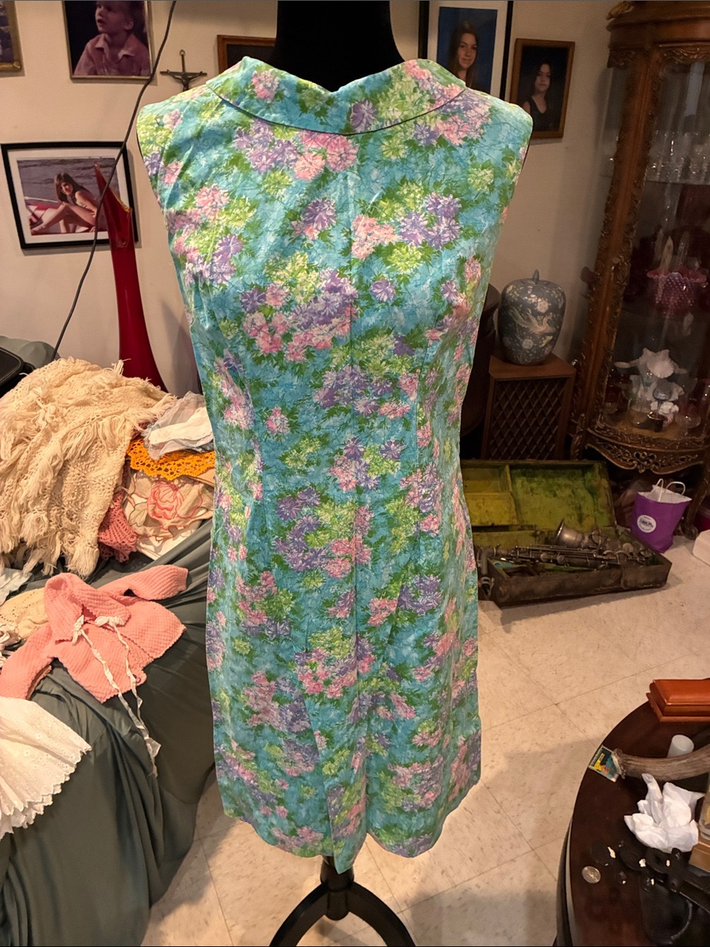 Sleeveless Floral Mini Dress in Aqua and Pink